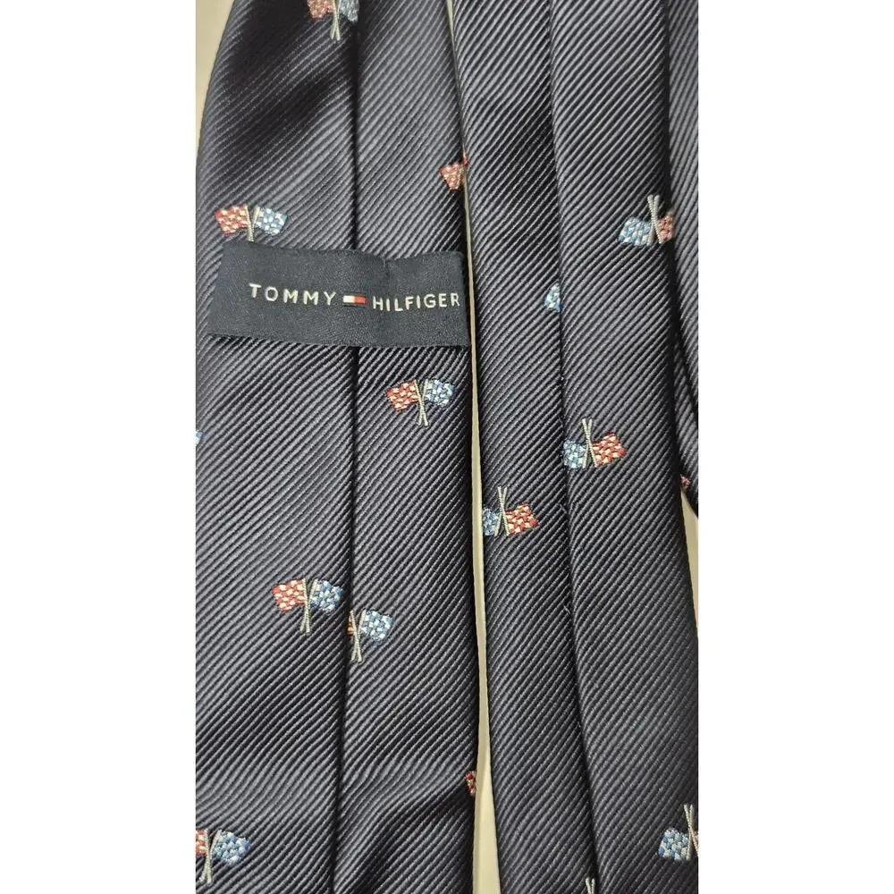 Tommy Hilfiger Boys Racing Neck Tie Polyester Blend Navy Blue Flags